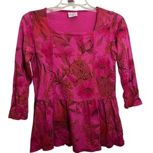 CMC Color Me Cotton Floral Square Neck Top Womens XS Pink Three Quarter Sleeve
